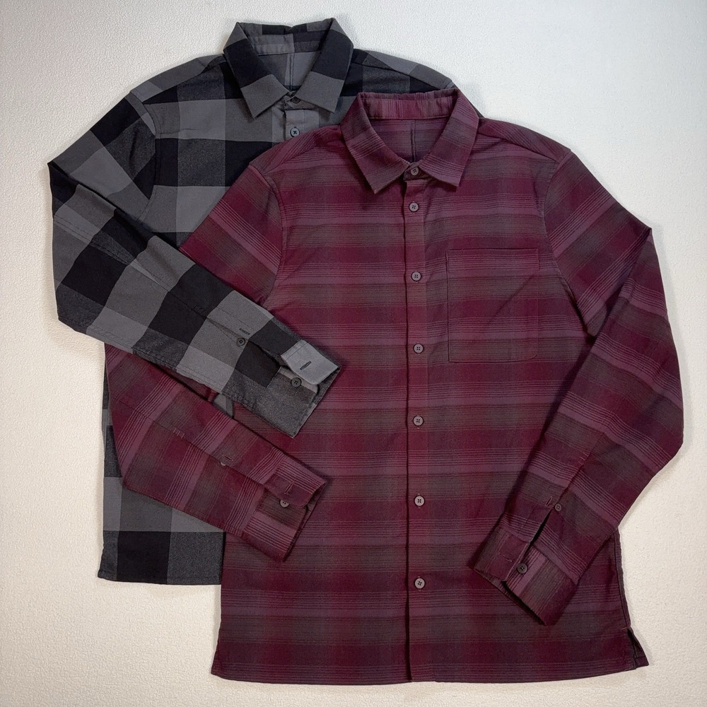 Lot of 2 Lululemon Masons Peak Flannel‎ Shirt Men's M* Gray /Purple Plaid Pocket